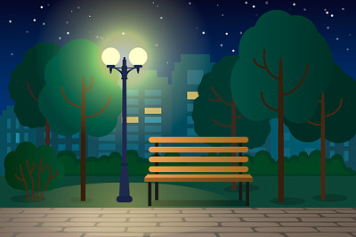 Nachtlandschaft mit einer Bank in einem Stadtpark. eben