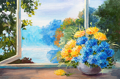 Spring Flowers Over a Window jigsaw puzzle