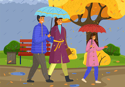 雨の中を歩く家族