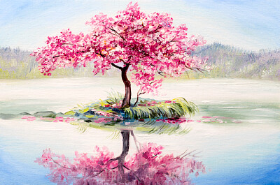 Árbol de Sakura en un lago