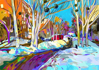 Рисуване на зимен градски пейзаж