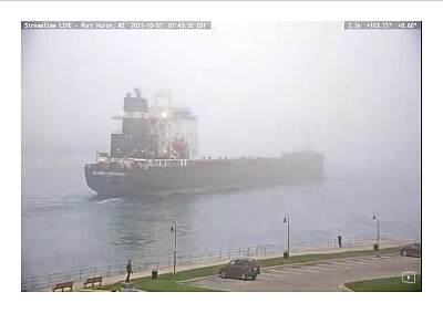 Ship arrival in heavy fog on St Clair River